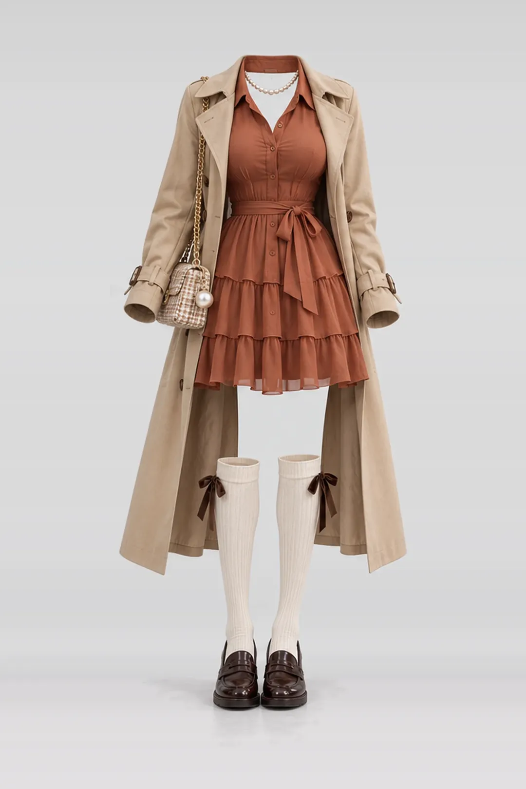 连衣裙 + 米色大衣