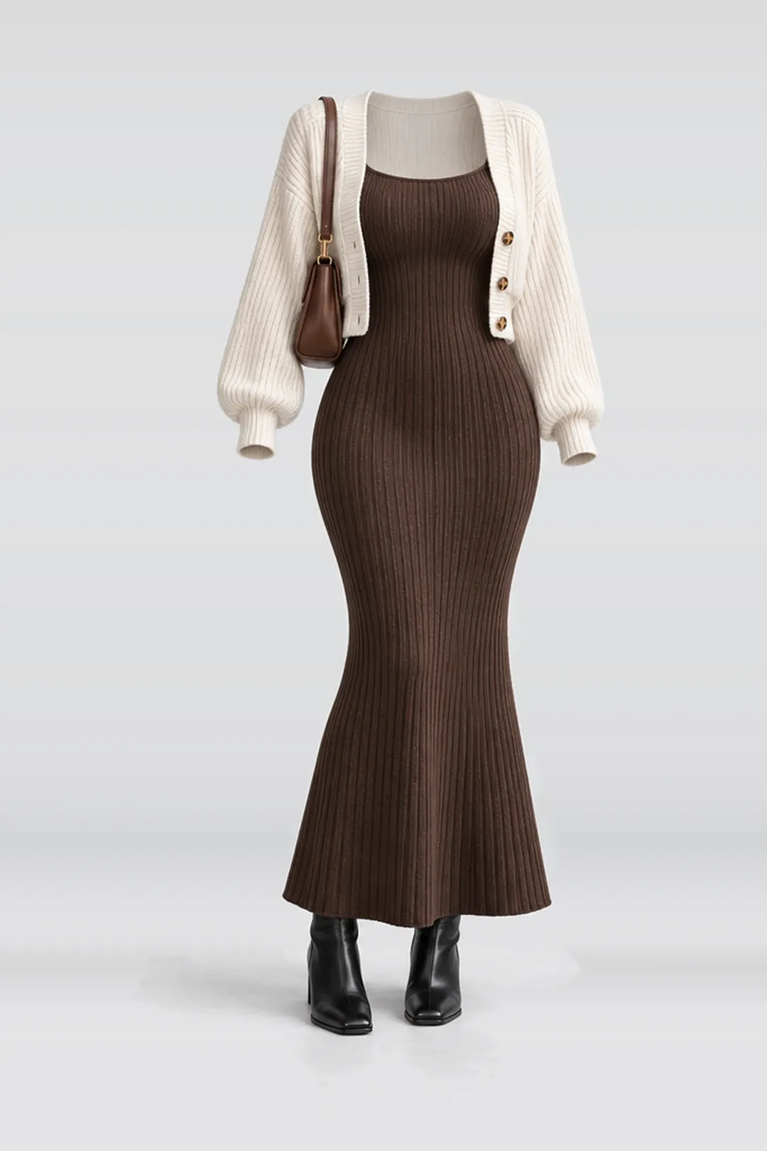 Brown knit dress + ivory cardigan