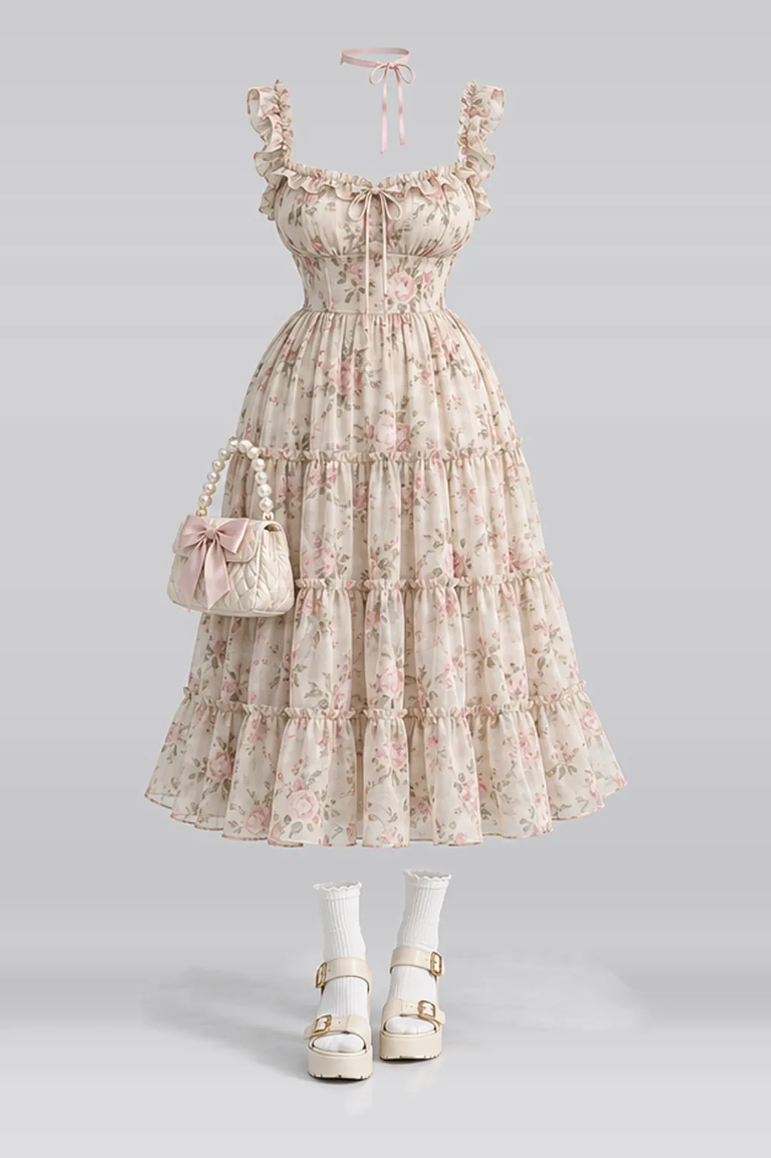 Beige floral midi dress + white socks