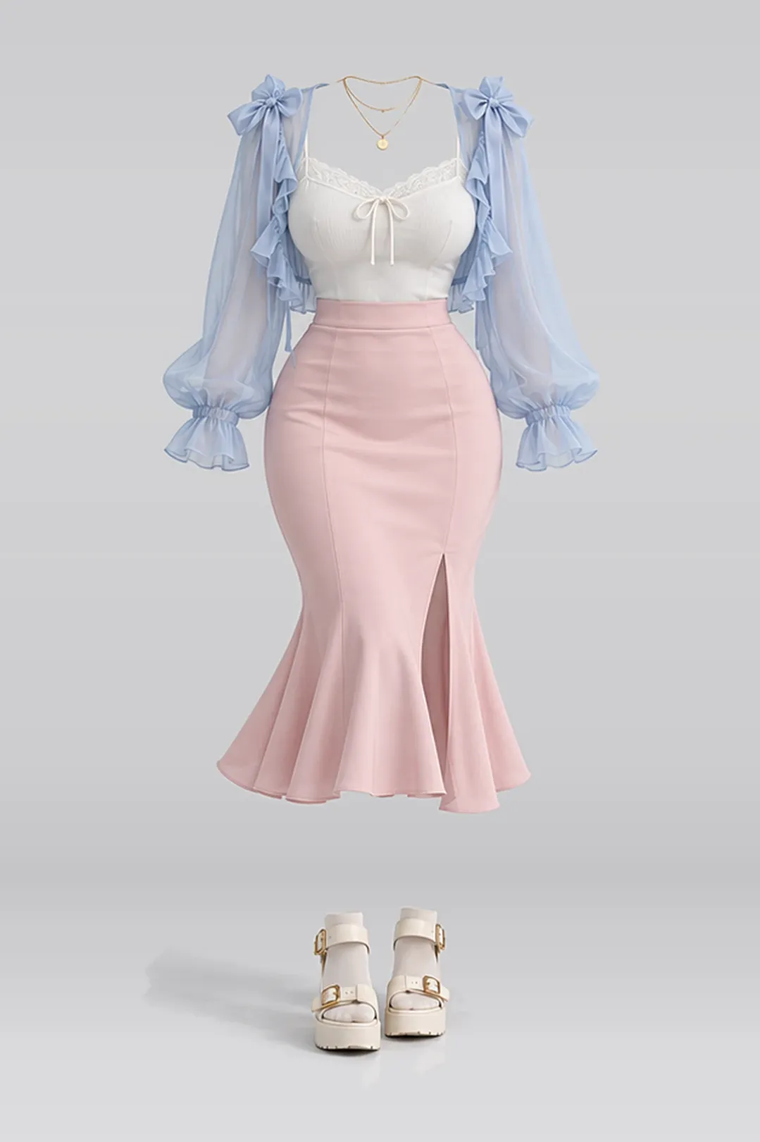 Blue ribbon chiffon camisole + pink midi skirt