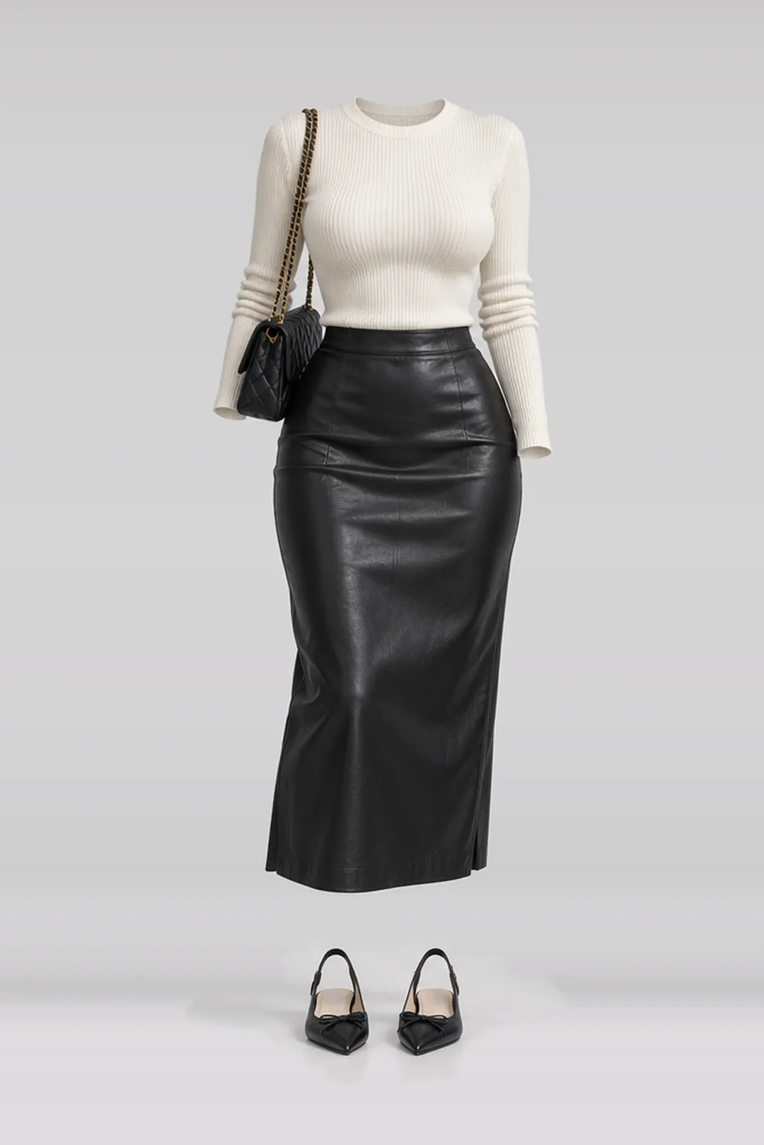 Ivory knit top + black leather midi skirt