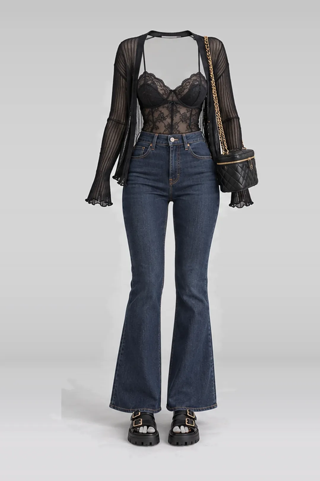 Black knit cardigan + lace camisole