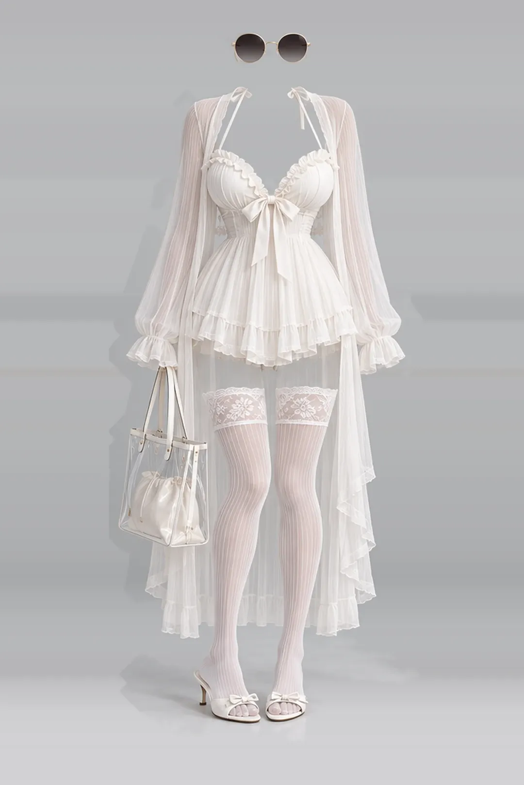 White ribbon frill pleated dress + cardigan