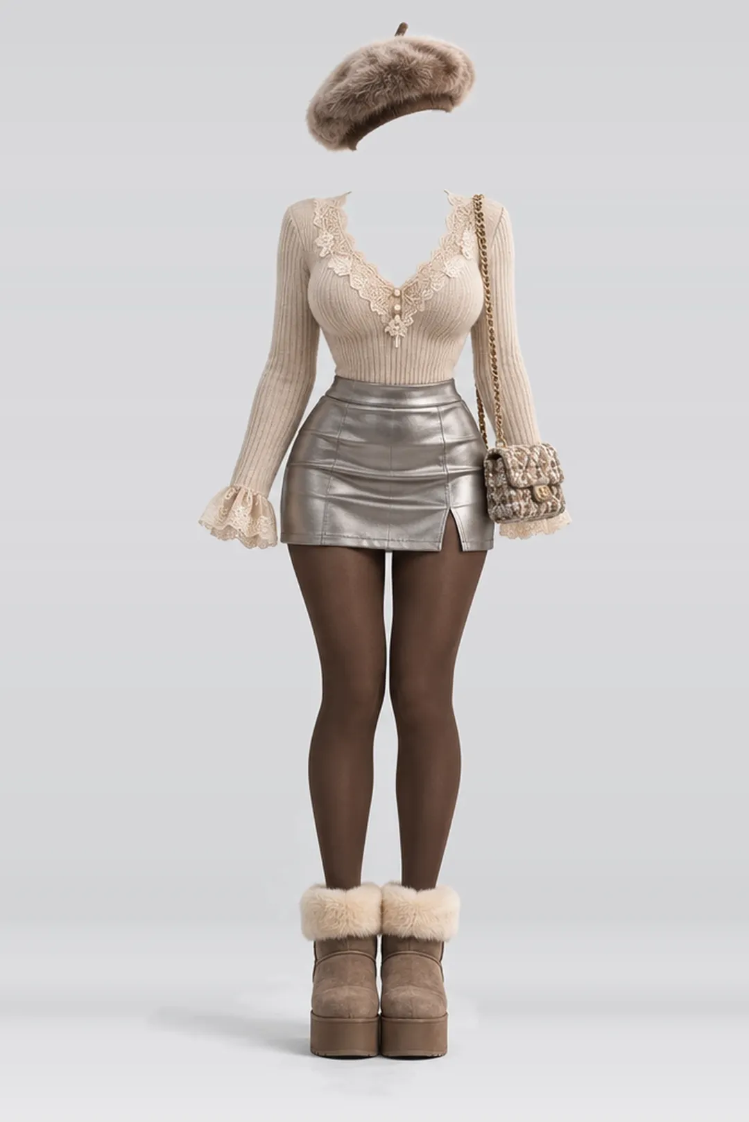 针织衫 + 皮质短裙