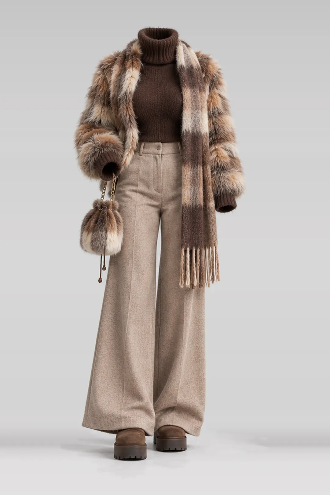 Brown knit top + beige wool trousers