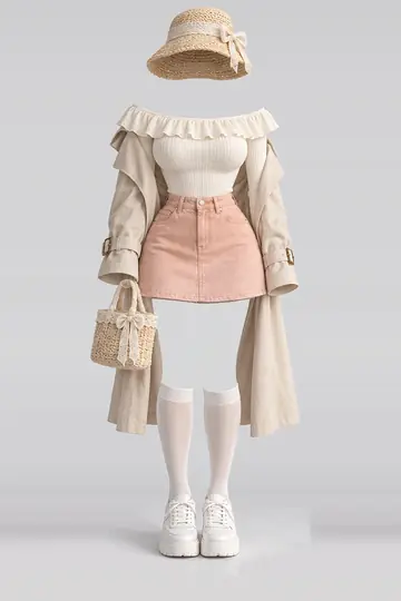 Ivory frill knit denim mini skirt + coat