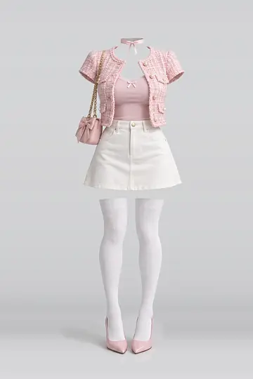 粉色夹克 + 象牙白牛仔短裙
