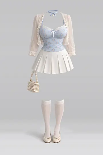 开衫 + 白色百褶短裙