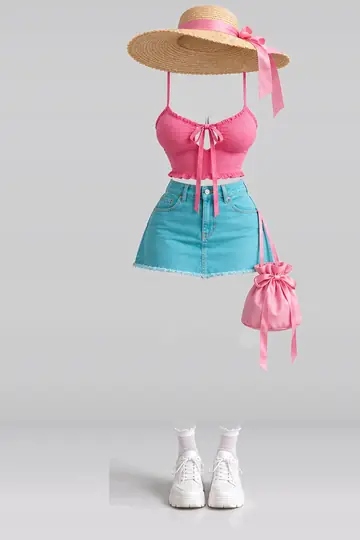 粉色蝴蝶结吊带 + 牛仔短裙