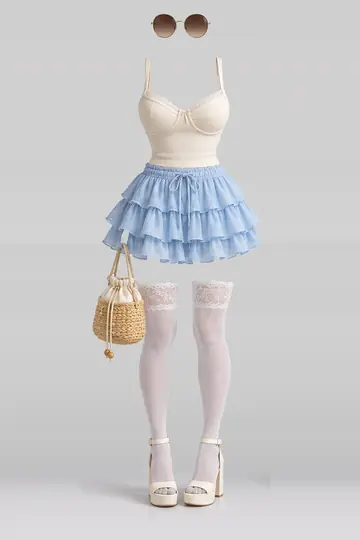 奶油色拼蓝色短裙