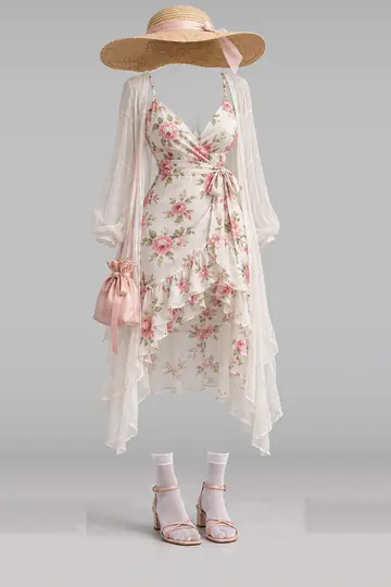 白色碎花连衣裙 + 开衫